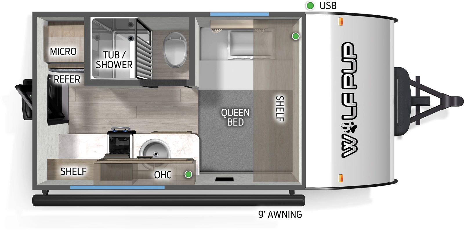 The Wolf Pup 12SBLP floorplan has one entry and zero slide outs. Exterior features include: metal exterior and 9' awning. Interiors features include: front bedroom.